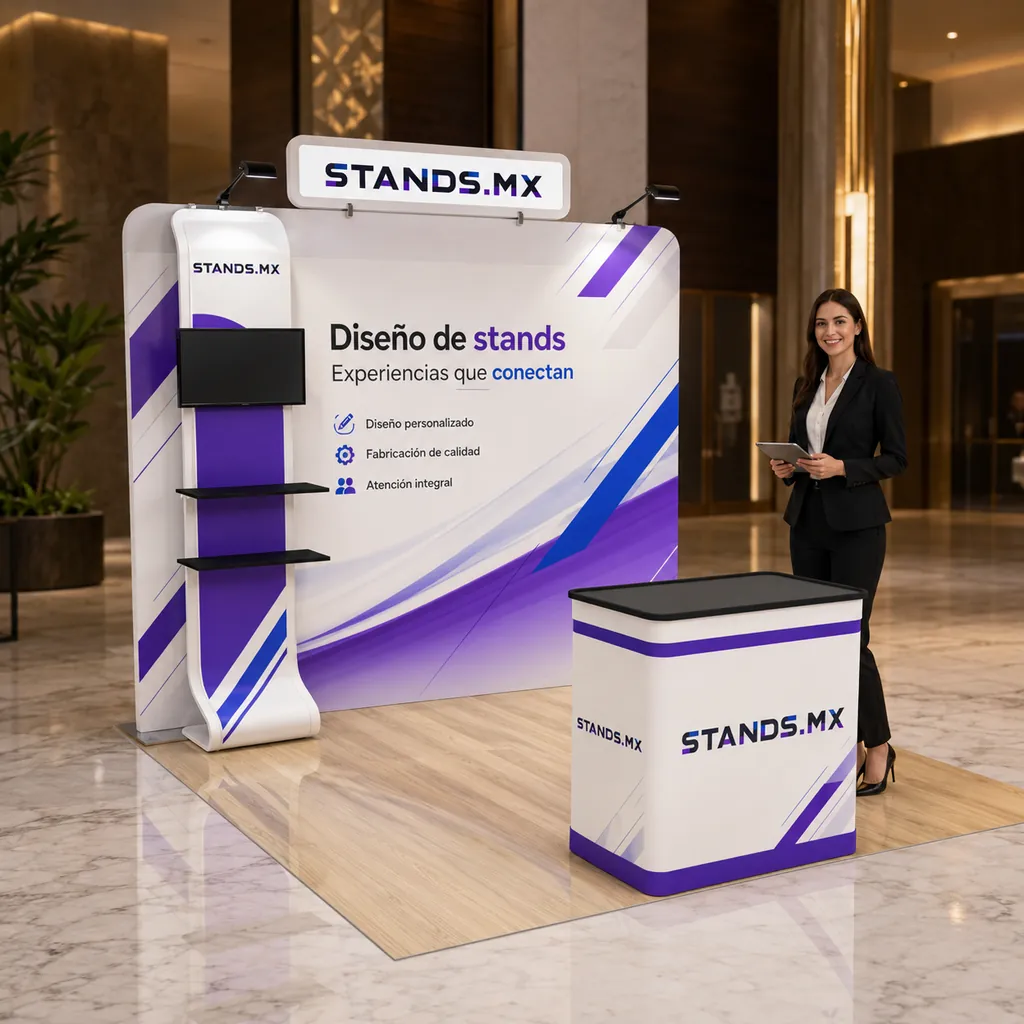 Stand 3x3 m de cabecera con muros cabecera y cenefa retroiluminada — diseño París de Stands.mx