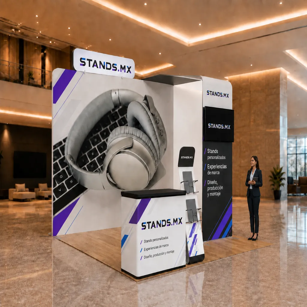 Stand 3x3 m de cabecera con muros cabecera y iluminación LED dirigida — diseño Río de Stands.mx