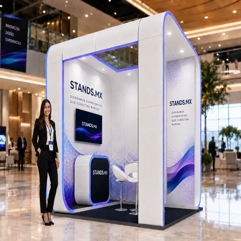 Stand 3x3 m de esquina con arcos estructurales y iluminación incluida — diseño Roma de Stands.mx