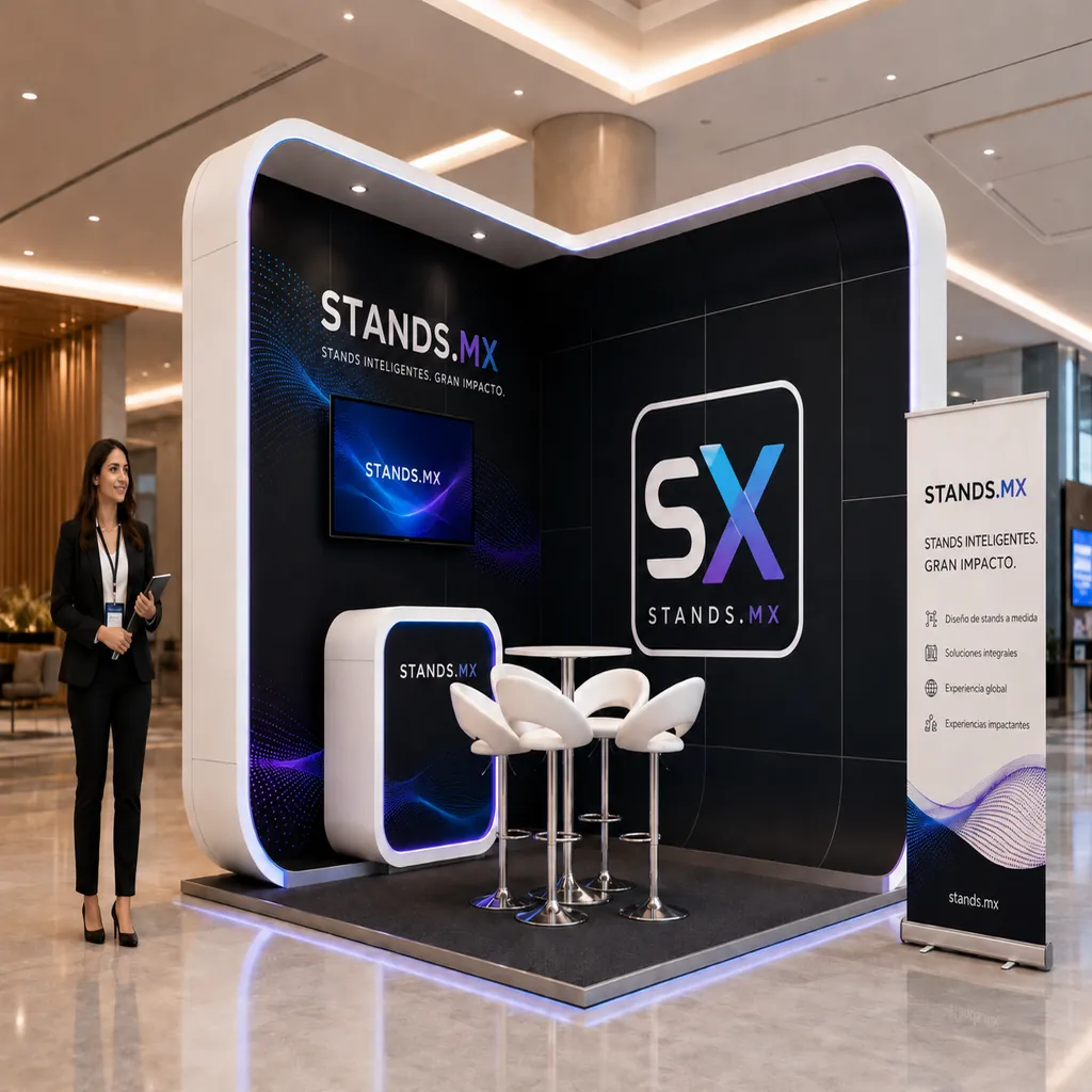 Stand 3x3 m de esquina con muros esquina y iluminación LED dirigida — diseño Ámsterdam de Stands.mx