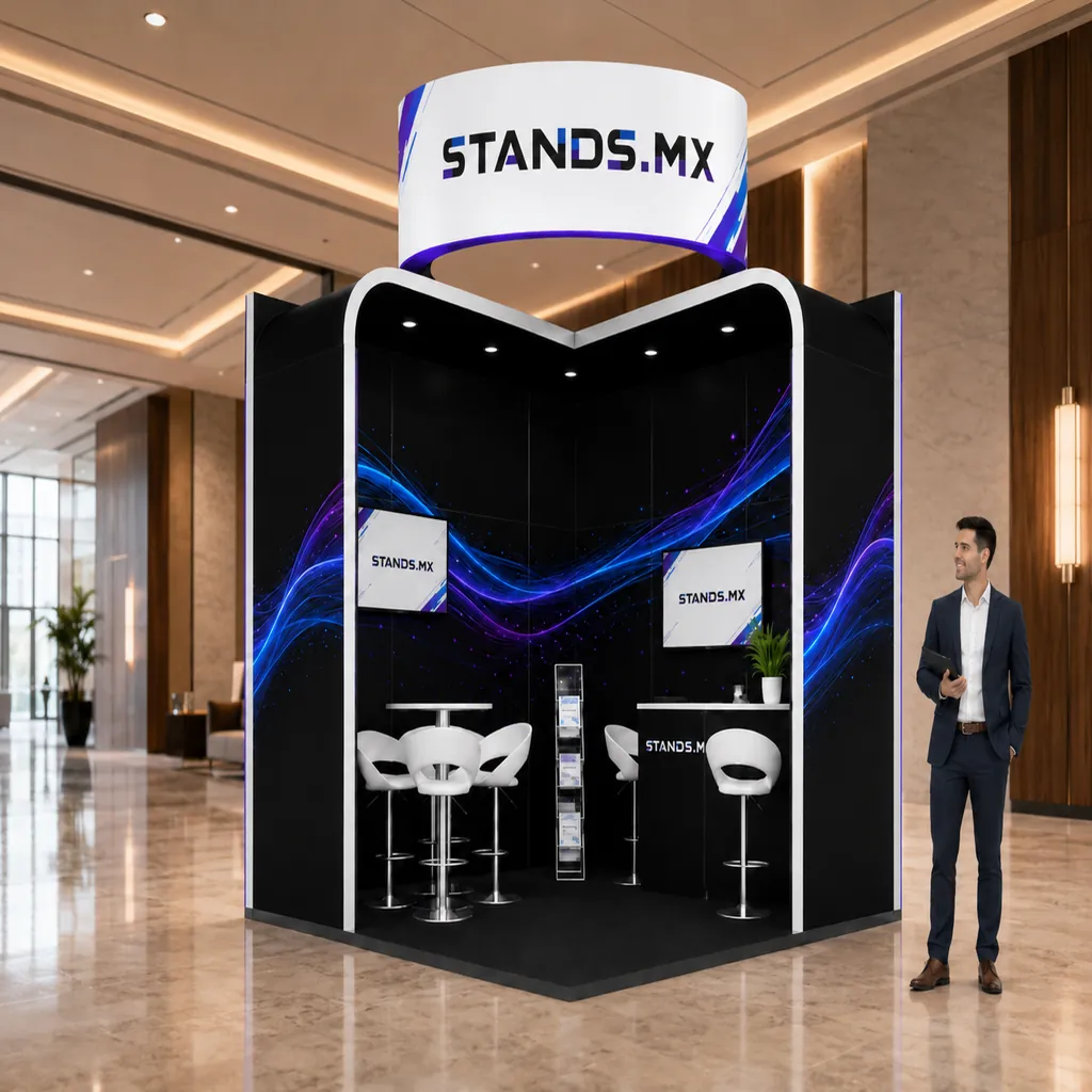 Stand 3x3 m de esquina con muros esquina y doble visibilidad de pasillo — diseño Praga de Stands.mx